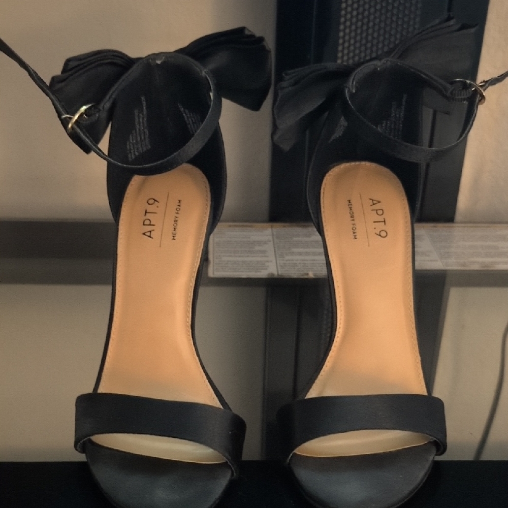 Apt. 9 Black Satin Open-Toe Ankle Strap Heels with Bow
